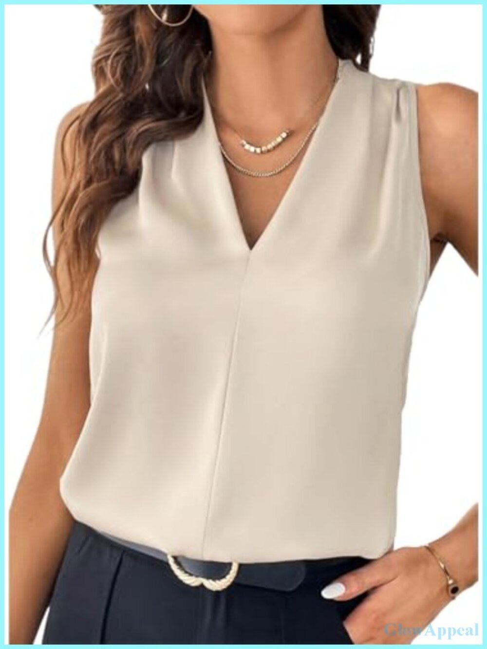 Pleated V Neck Sleeveless Tank Top Loose Fit Business Casual